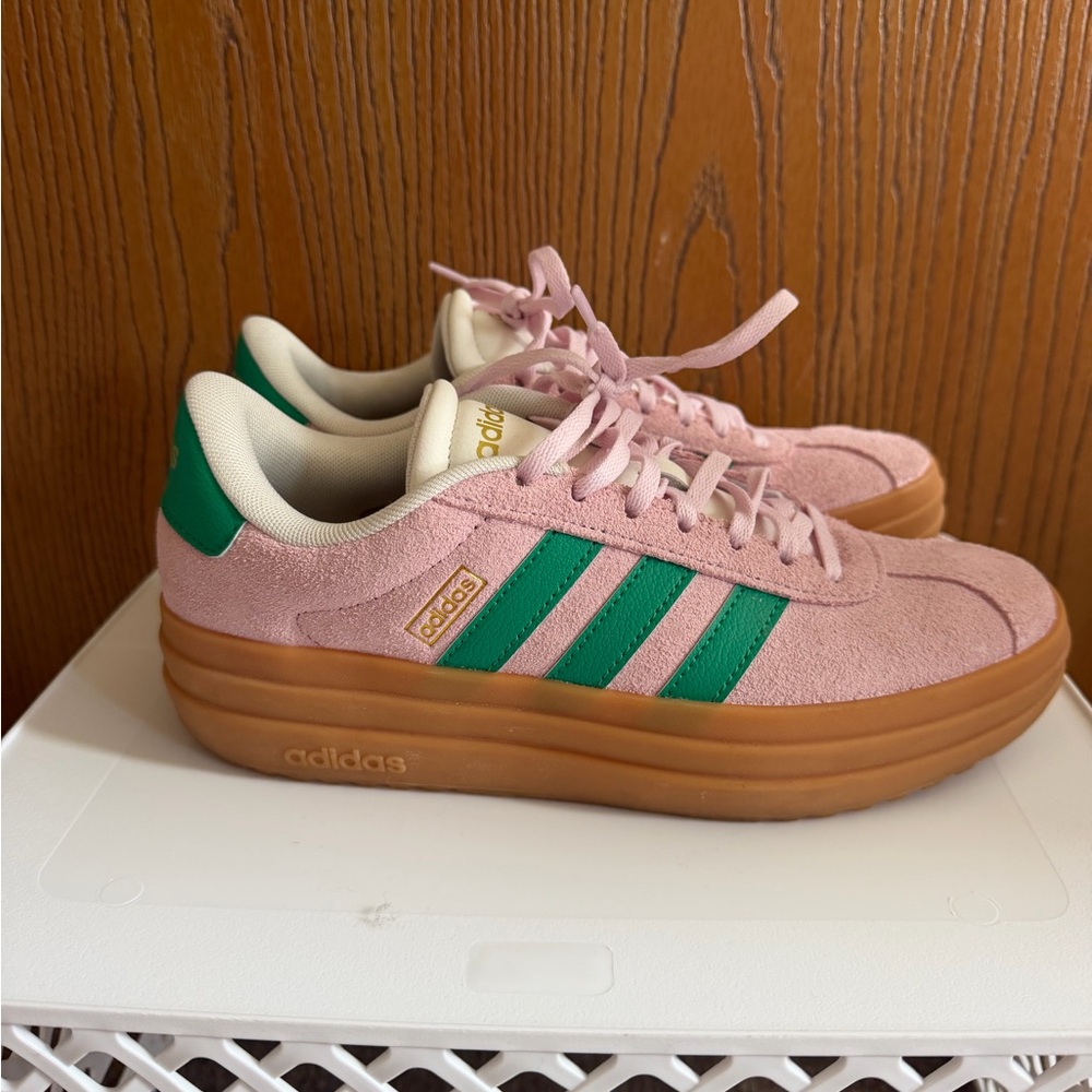 adidas Pink Suede Platform Sneakers with Green Stripes and Gum Sole - Picture 5 of 9